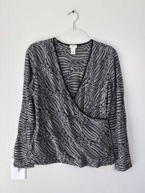 J. Jill Semi-Sheer Patterned Surplice Faux Wrap Top Y2K Inspired Stretch